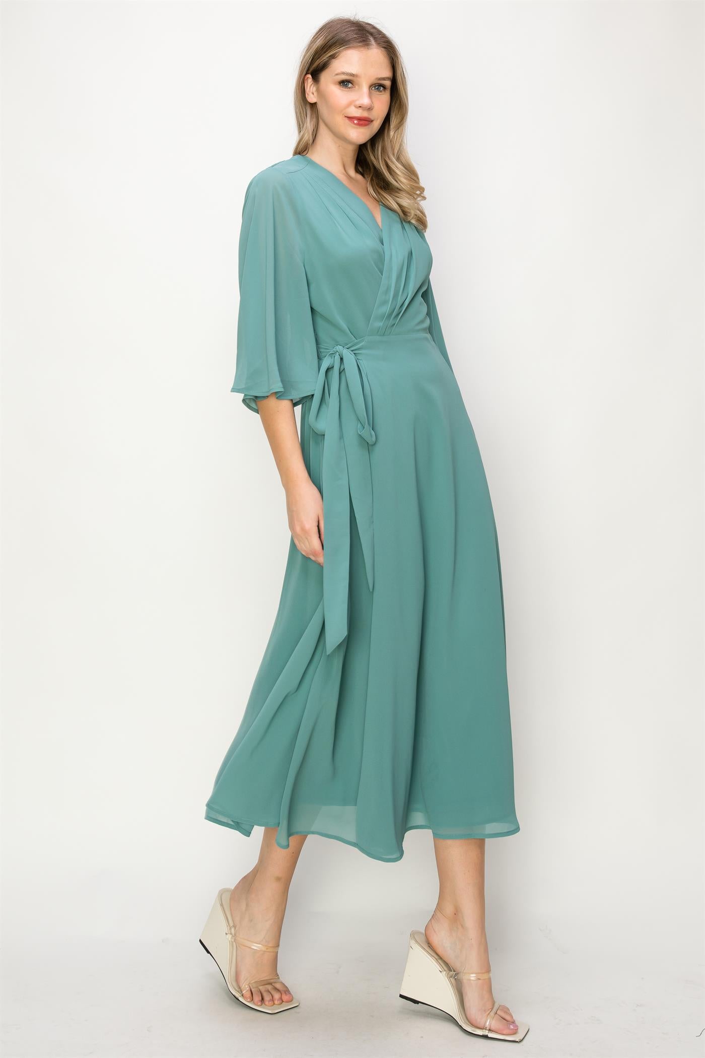 ONE THE LAND Elegant Wrap Knit V Neck Midi Dress With Side Tie In Dusty Teal-Midi Dresses-ONETHELAND-Deja Nu Boutique, Women's Fashion Boutique in Lampasas, Texas