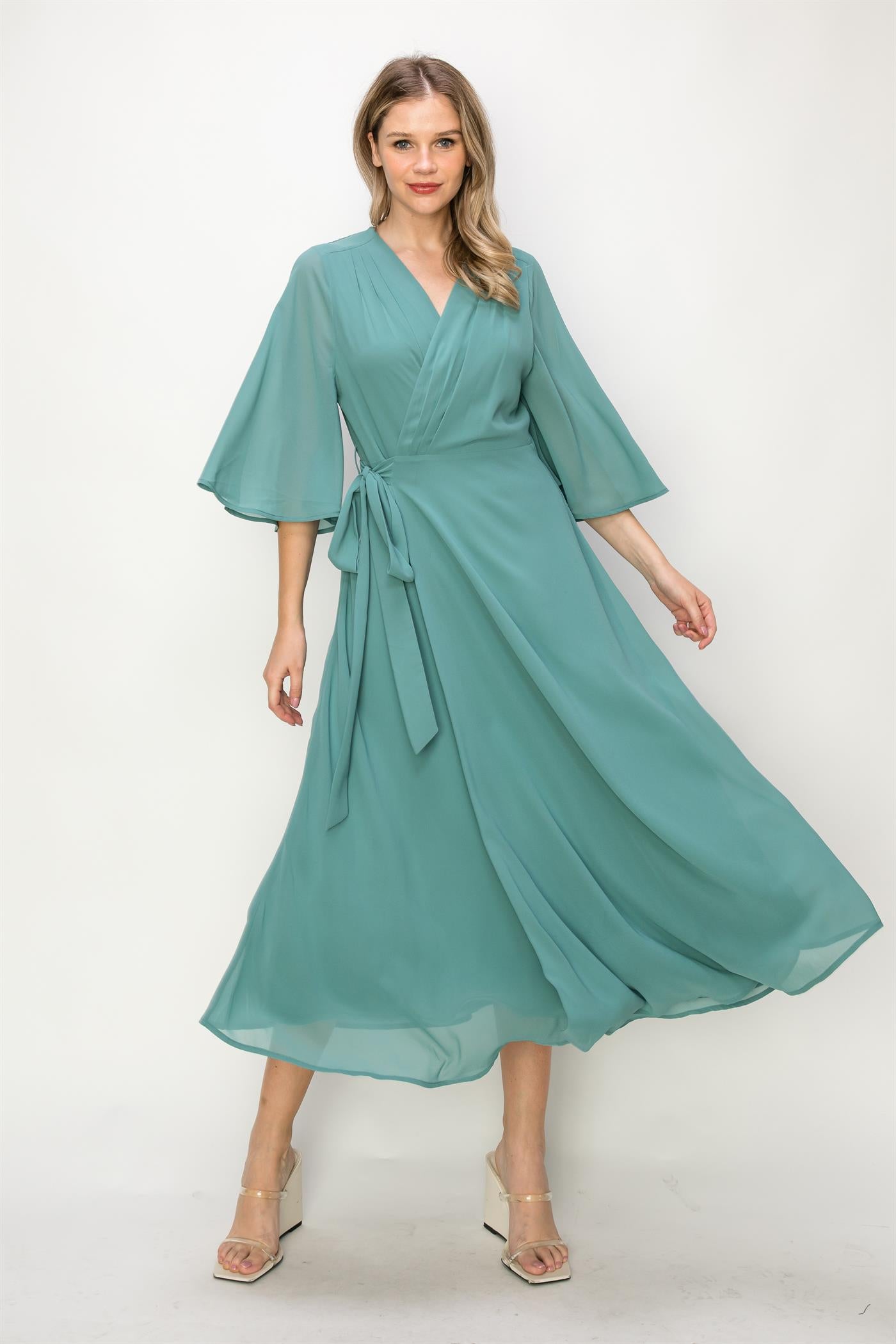 ONE THE LAND Elegant Wrap Knit V Neck Midi Dress With Side Tie In Dusty Teal-Midi Dresses-ONETHELAND-Deja Nu Boutique, Women's Fashion Boutique in Lampasas, Texas