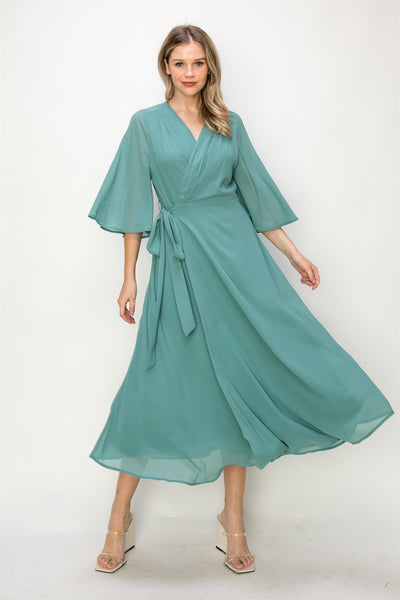 ONE THE LAND Elegant Wrap Knit V Neck Midi Dress With Side Tie In Dusty Teal Small