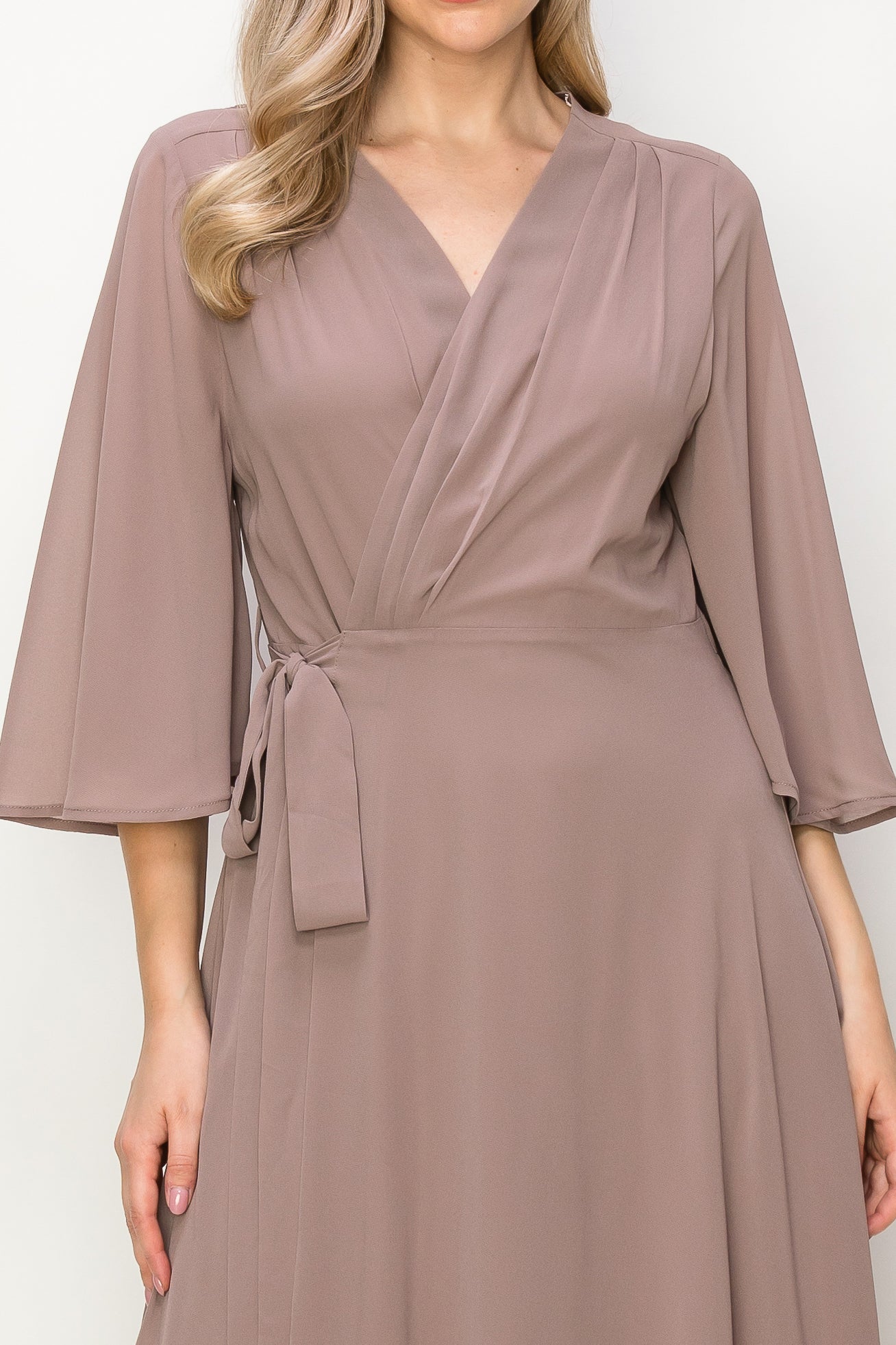 ONE THE LAND Elegant Wrap Knit V Neck Midi Dress With Side Tie In Taupe-Midi Dresses-ONETHELAND-Deja Nu Boutique, Women's Fashion Boutique in Lampasas, Texas