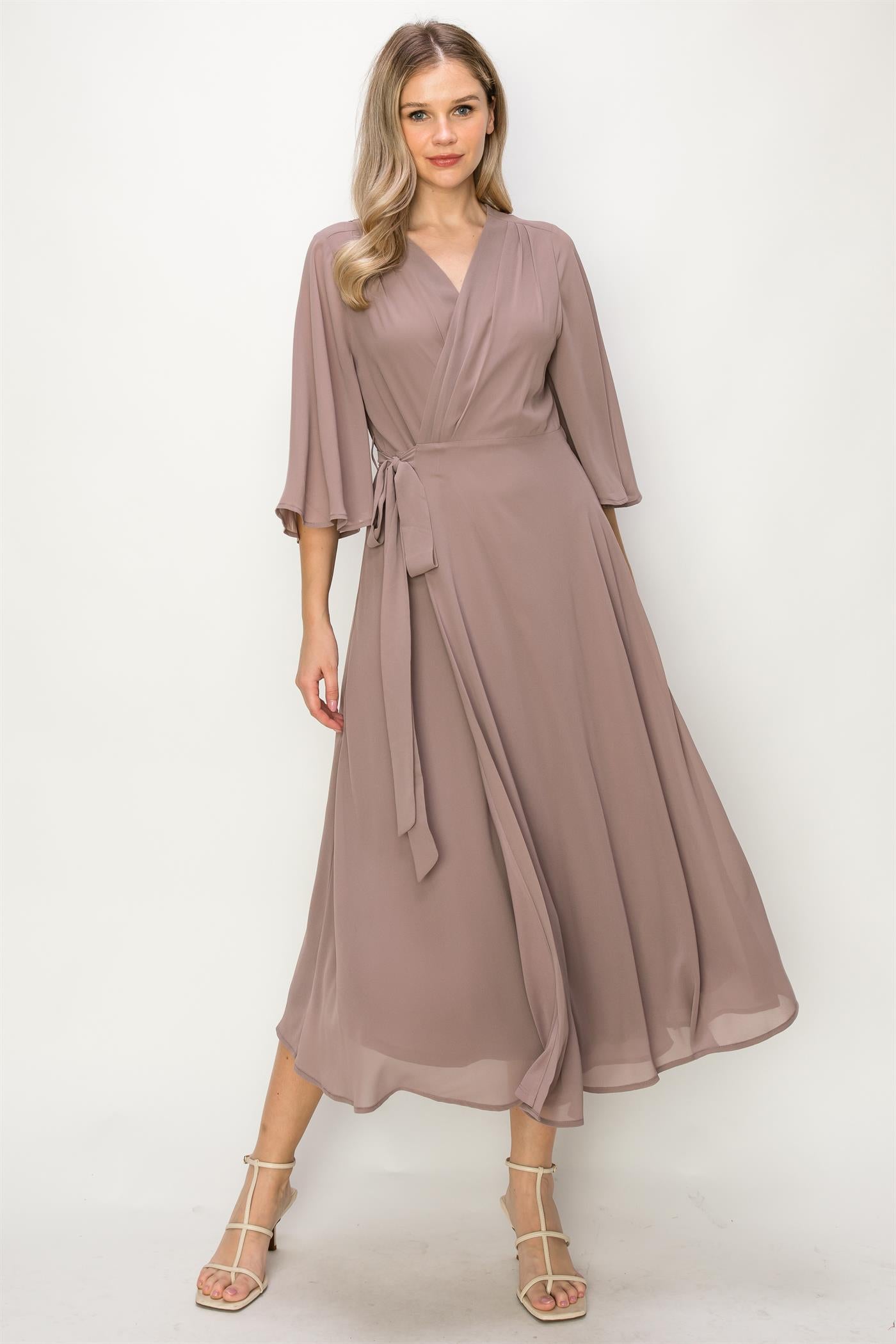 ONE THE LAND Elegant Wrap Knit V Neck Midi Dress With Side Tie In Taupe-Midi Dresses-ONETHELAND-Deja Nu Boutique, Women's Fashion Boutique in Lampasas, Texas