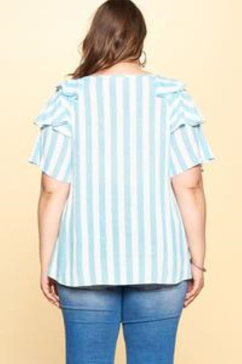 Oddi Sky Blue And White Stripe Ruffle Sleeve Plus Top-Curvy/Plus Tops-Oddi-Deja Nu Boutique, Women's Fashion Boutique in Lampasas, Texas