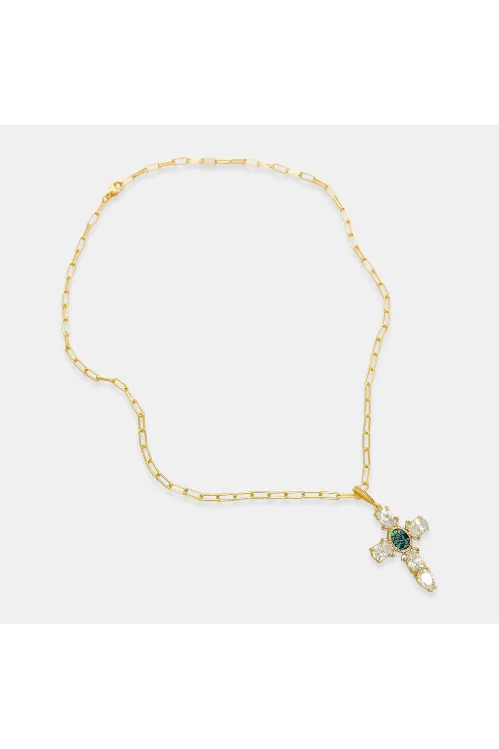Omg Bling CZ Cross Necklace With Opal Center-Necklaces-OMG BLINGS-Deja Nu Boutique, Women's Fashion Boutique in Lampasas, Texas
