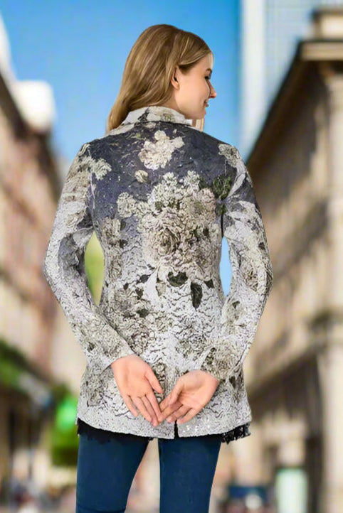 Origami Apparel Lace & Sequin Blazer Jacket in Grey & Navy – Style 4800Grey DD Navy-Jackets-Origami Apparel-Deja Nu Boutique, Women's Fashion Boutique in Lampasas, Texas