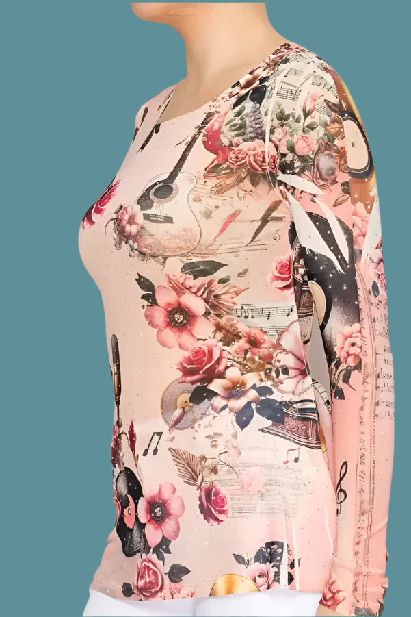 Origami Pink Guitar Mesh Long Sleeve Top with Sparkle Detail-Tops-Origami Apparel-Deja Nu Boutique, Women's Fashion Boutique in Lampasas, Texas