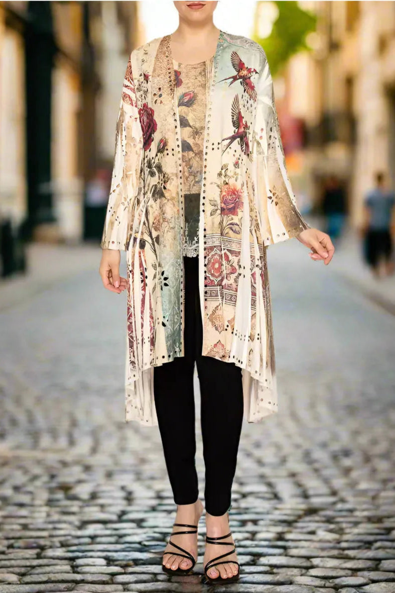 Origami Laser Cut High-Low Cardigan in Vintage Bird Faux Suede-Jackets-Origami Apparel-Deja Nu Boutique, Women's Fashion Boutique in Lampasas, Texas