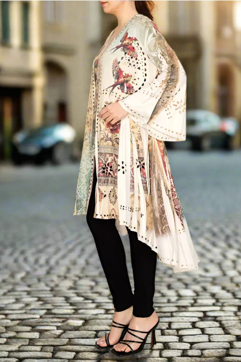 Origami Laser Cut High-Low Cardigan in Vintage Bird Faux Suede-Jackets-Origami Apparel-Deja Nu Boutique, Women's Fashion Boutique in Lampasas, Texas