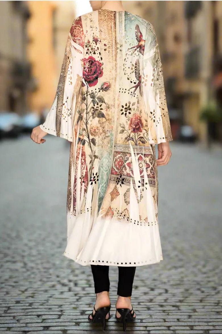 Origami Laser Cut High-Low Cardigan in Vintage Bird Faux Suede-Jackets-Origami Apparel-Deja Nu Boutique, Women's Fashion Boutique in Lampasas, Texas