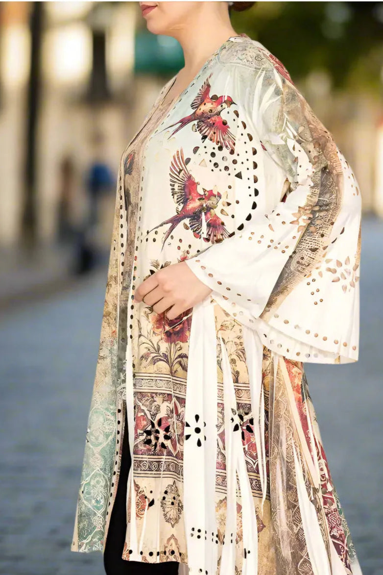 Origami Laser Cut High-Low Cardigan in Vintage Bird Faux Suede-Jackets-Origami Apparel-Deja Nu Boutique, Women's Fashion Boutique in Lampasas, Texas