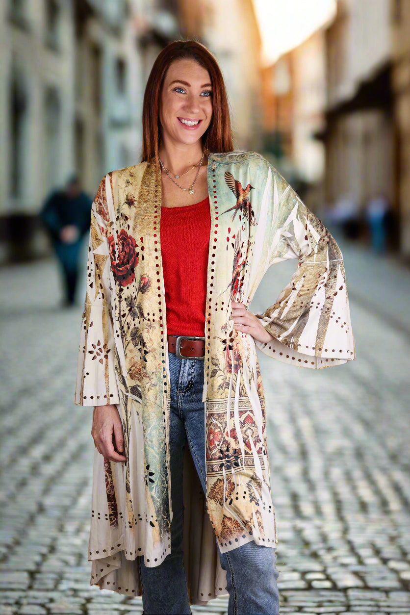 Origami Laser Cut High-Low Cardigan in Vintage Bird Faux Suede-Jackets-Origami Apparel-Deja Nu Boutique, Women's Fashion Boutique in Lampasas, Texas