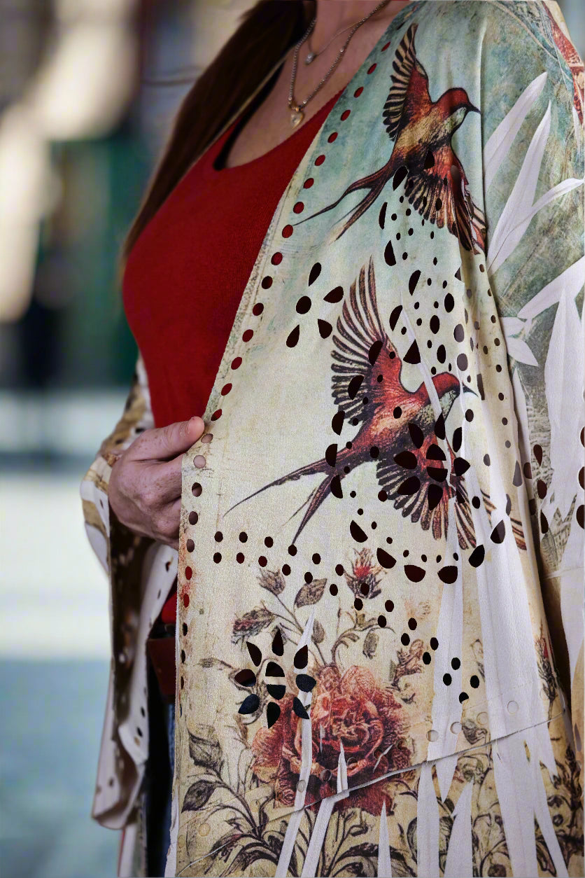 Origami Laser Cut High-Low Cardigan in Vintage Bird Faux Suede-Jackets-Origami Apparel-Deja Nu Boutique, Women's Fashion Boutique in Lampasas, Texas