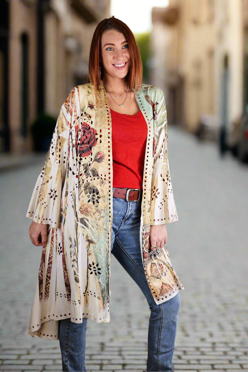 Origami Laser Cut High-Low Cardigan in Vintage Bird Faux Suede-Jackets-Origami Apparel-Deja Nu Boutique, Women's Fashion Boutique in Lampasas, Texas