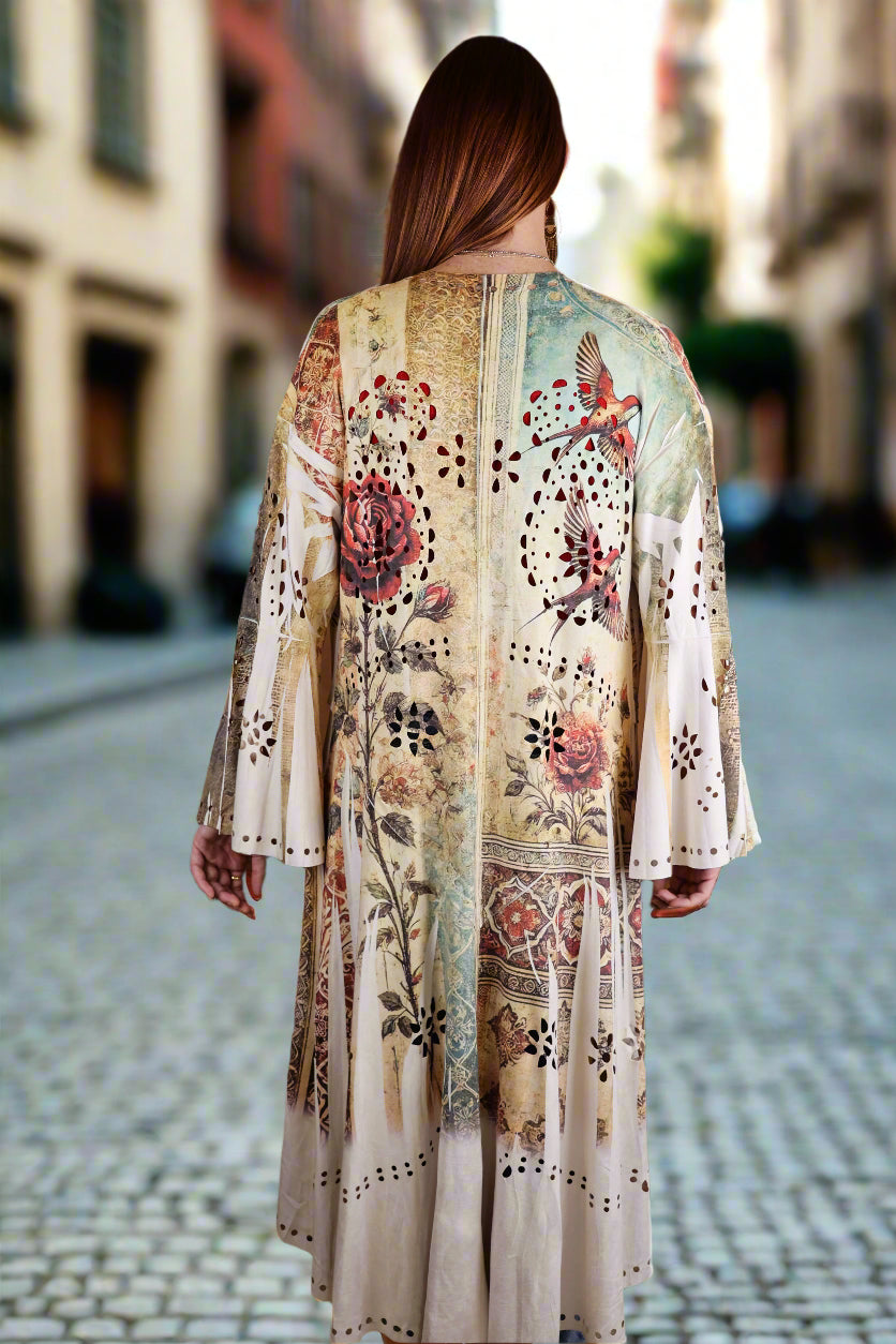 Origami Laser Cut High-Low Cardigan in Vintage Bird Faux Suede-Jackets-Origami Apparel-Deja Nu Boutique, Women's Fashion Boutique in Lampasas, Texas