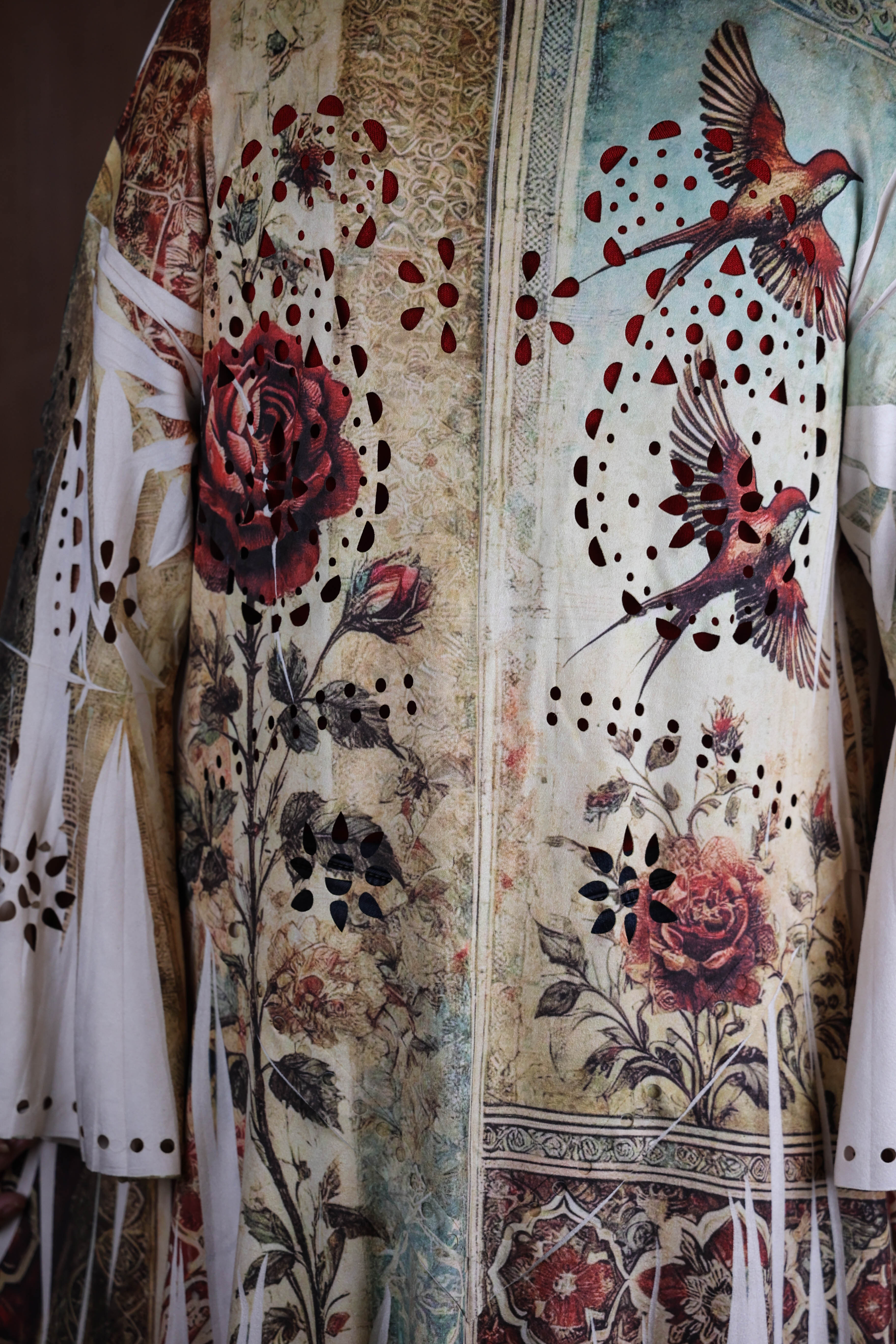 Origami Laser Cut High-Low Cardigan in Vintage Bird Faux Suede-Jackets-Origami Apparel-Deja Nu Boutique, Women's Fashion Boutique in Lampasas, Texas