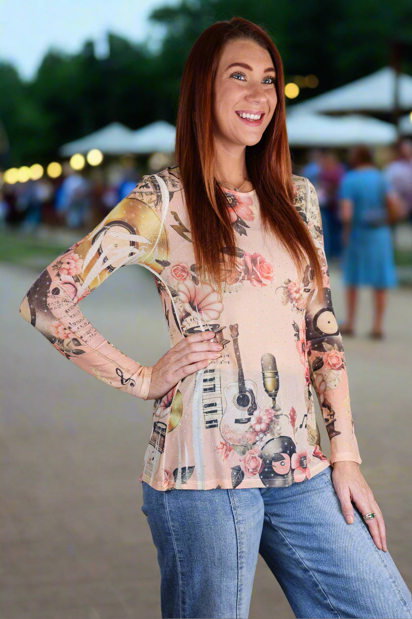 Origami Pink Guitar Mesh Long Sleeve Top with Sparkle Detail-Tops-Origami Apparel-Deja Nu Boutique, Women's Fashion Boutique in Lampasas, Texas