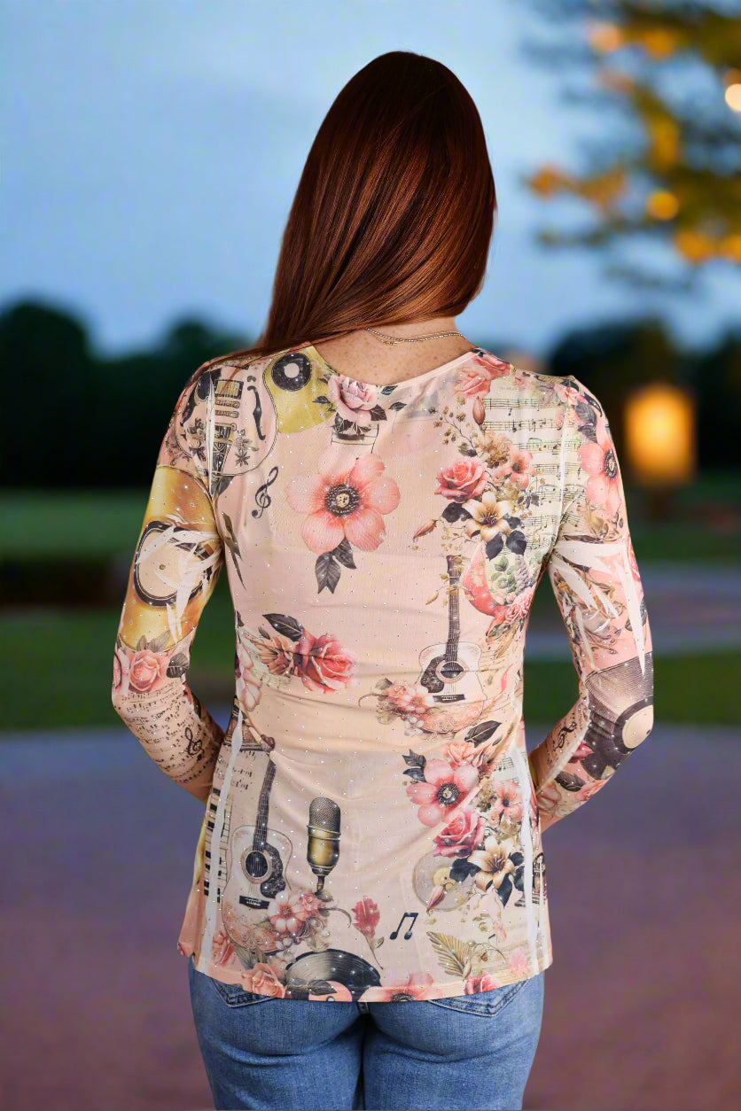 Origami Pink Guitar Mesh Long Sleeve Top with Sparkle Detail-Tops-Origami Apparel-Deja Nu Boutique, Women's Fashion Boutique in Lampasas, Texas