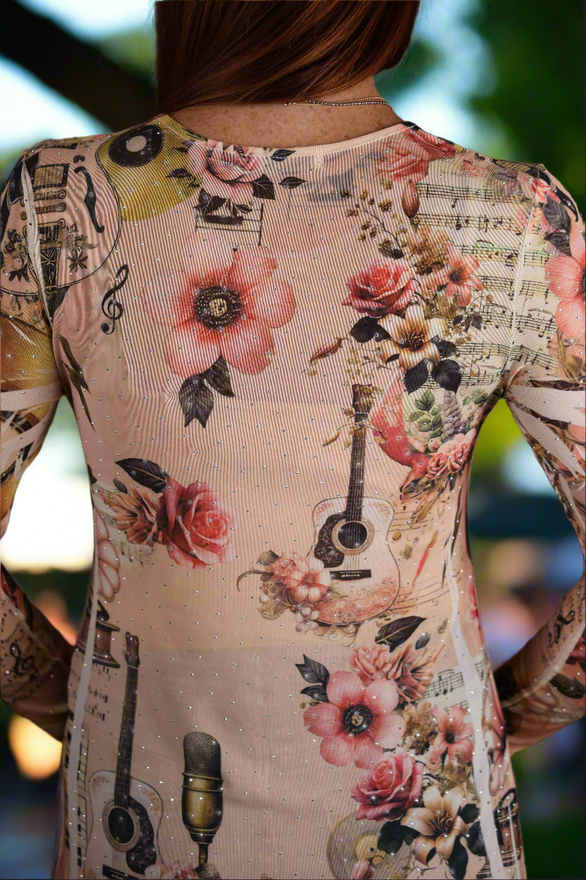 Origami Pink Guitar Mesh Long Sleeve Top with Sparkle Detail-Tops-Origami Apparel-Deja Nu Boutique, Women's Fashion Boutique in Lampasas, Texas