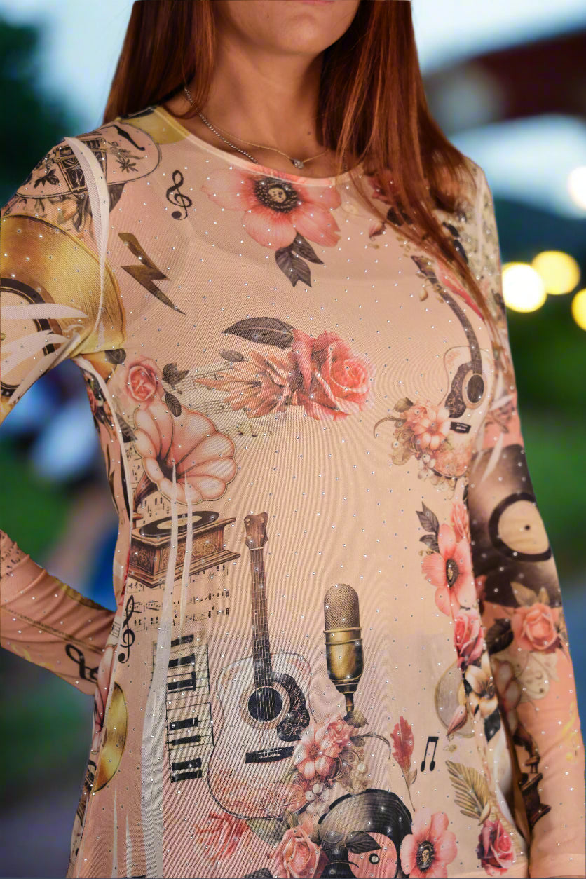 Origami Pink Guitar Mesh Long Sleeve Top with Sparkle Detail-Tops-Origami Apparel-Deja Nu Boutique, Women's Fashion Boutique in Lampasas, Texas