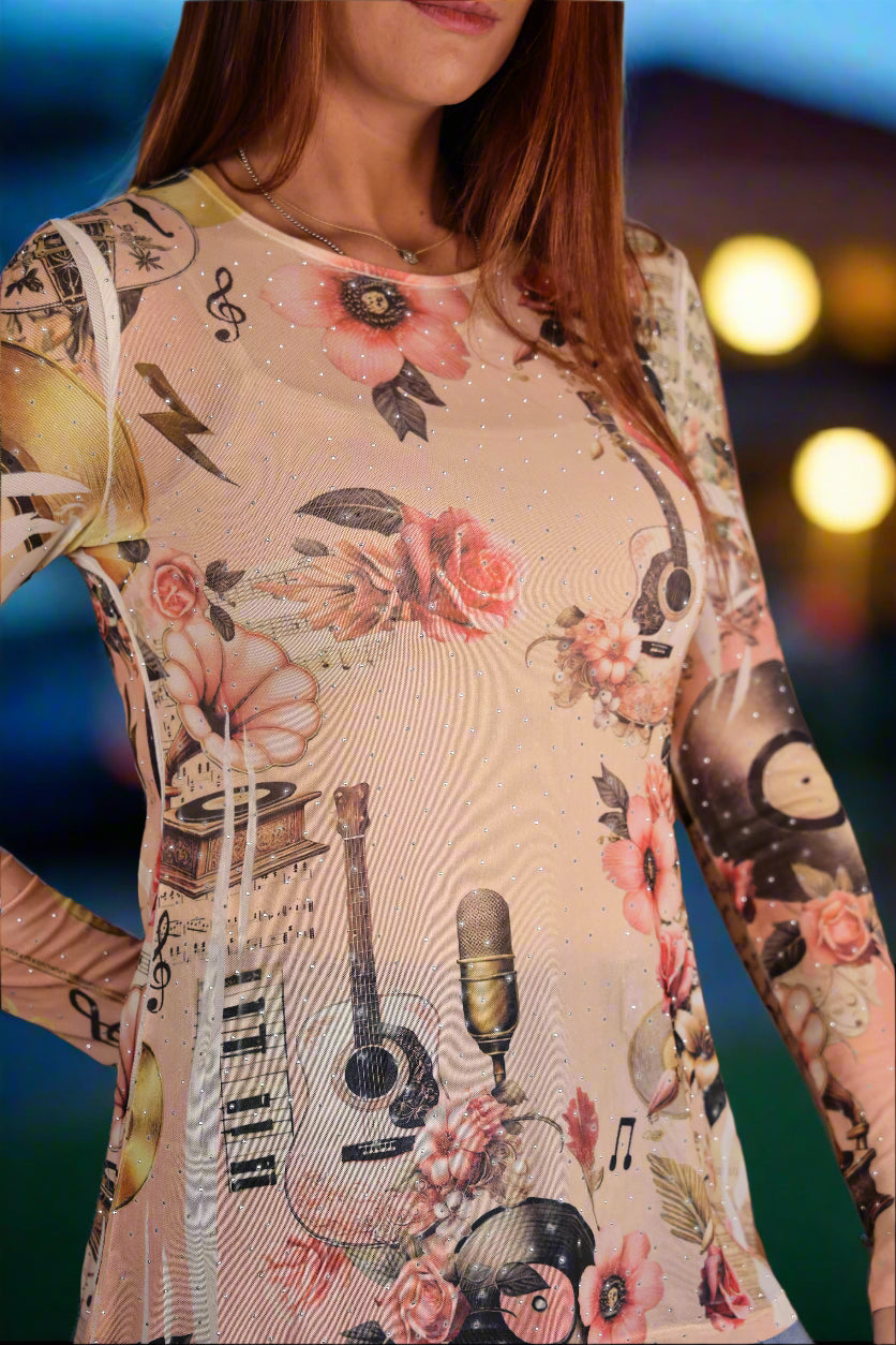 Origami Pink Guitar Mesh Long Sleeve Top with Sparkle Detail-Tops-Origami Apparel-Deja Nu Boutique, Women's Fashion Boutique in Lampasas, Texas