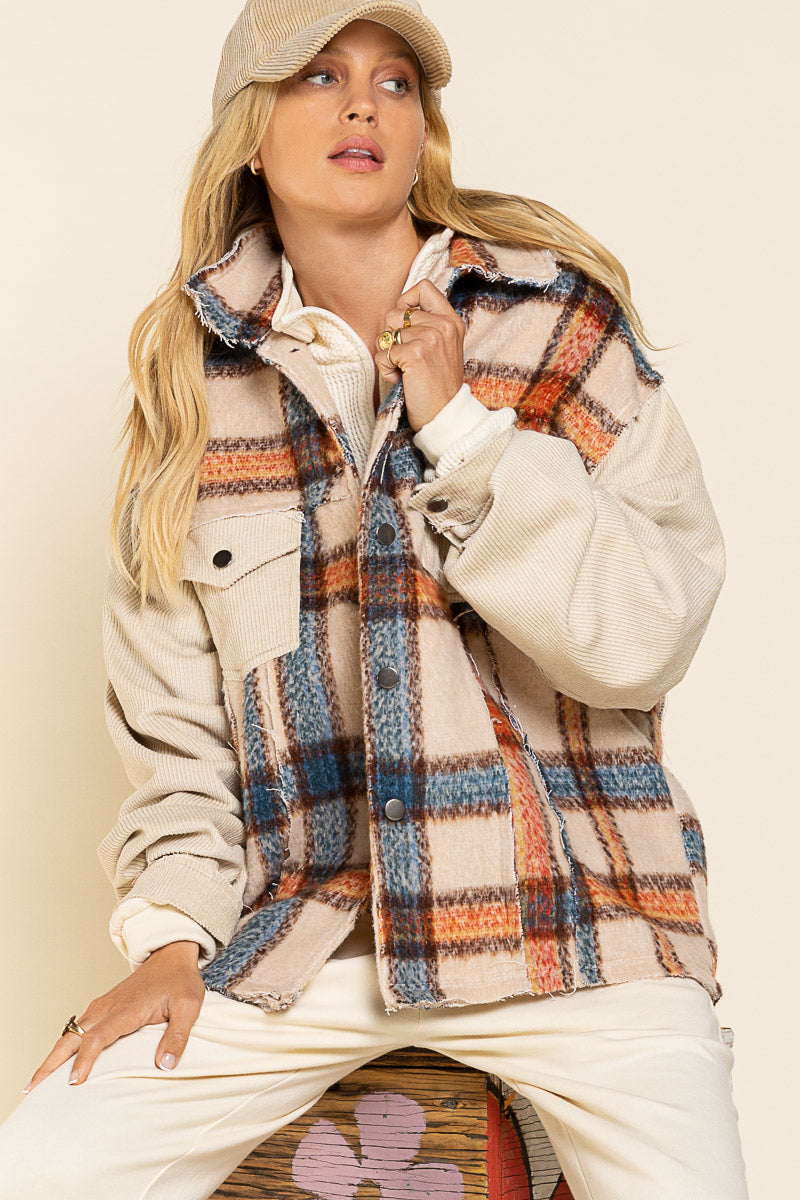 POL Collared Button Down Plaid Shacket With Contrast Sleeve And Frayed Edge Detail In Beige Multi-Shackets-POL-Deja Nu Boutique, Women's Fashion Boutique in Lampasas, Texas