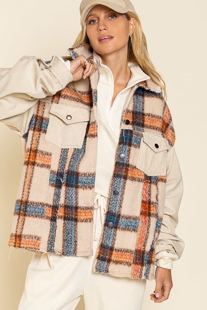 POL Collared Button Down Plaid Shacket With Contrast Sleeve And Frayed Edge Detail In Beige Multi-Shackets-POL-Deja Nu Boutique, Women's Fashion Boutique in Lampasas, Texas