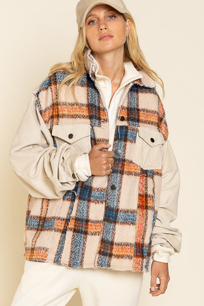 POL Collared Button Down Plaid Shacket With Contrast Sleeve And Frayed Edge Detail In Beige Multi-Shackets-POL-Deja Nu Boutique, Women's Fashion Boutique in Lampasas, Texas