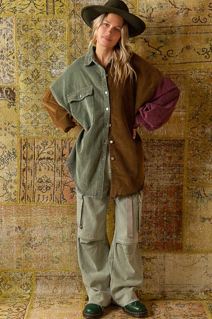 POL Corduroy Contrast Color Panel Shacket With Frayed Hem In Olive And Chocolate-Shackets-POL-Deja Nu Boutique, Women's Fashion Boutique in Lampasas, Texas