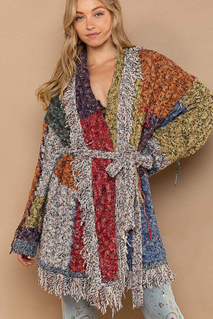 POL Shaggy Color Block Open Front Fringe Cardigan In Ivory And Red Brick-Cardigans & Kimonos-POL-Deja Nu Boutique, Women's Fashion Boutique in Lampasas, Texas