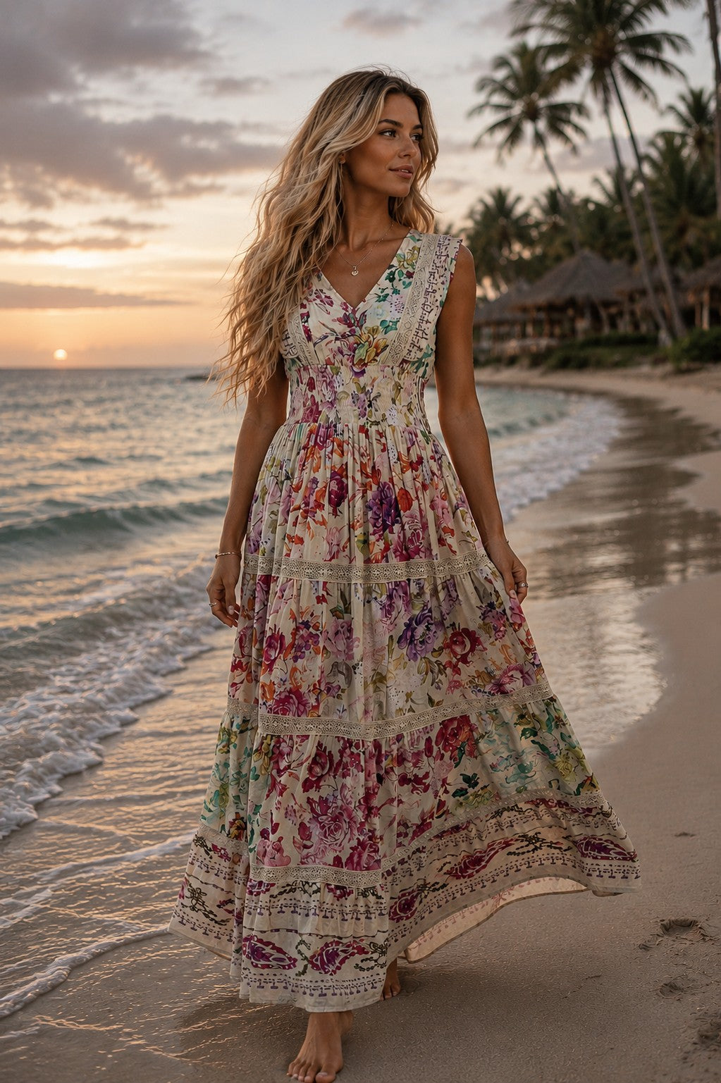 POL Cream Multi Floral Smocked Maxi Dress-Maxi Dresses-POL-Deja Nu Boutique, Women's Fashion Boutique in Lampasas, Texas