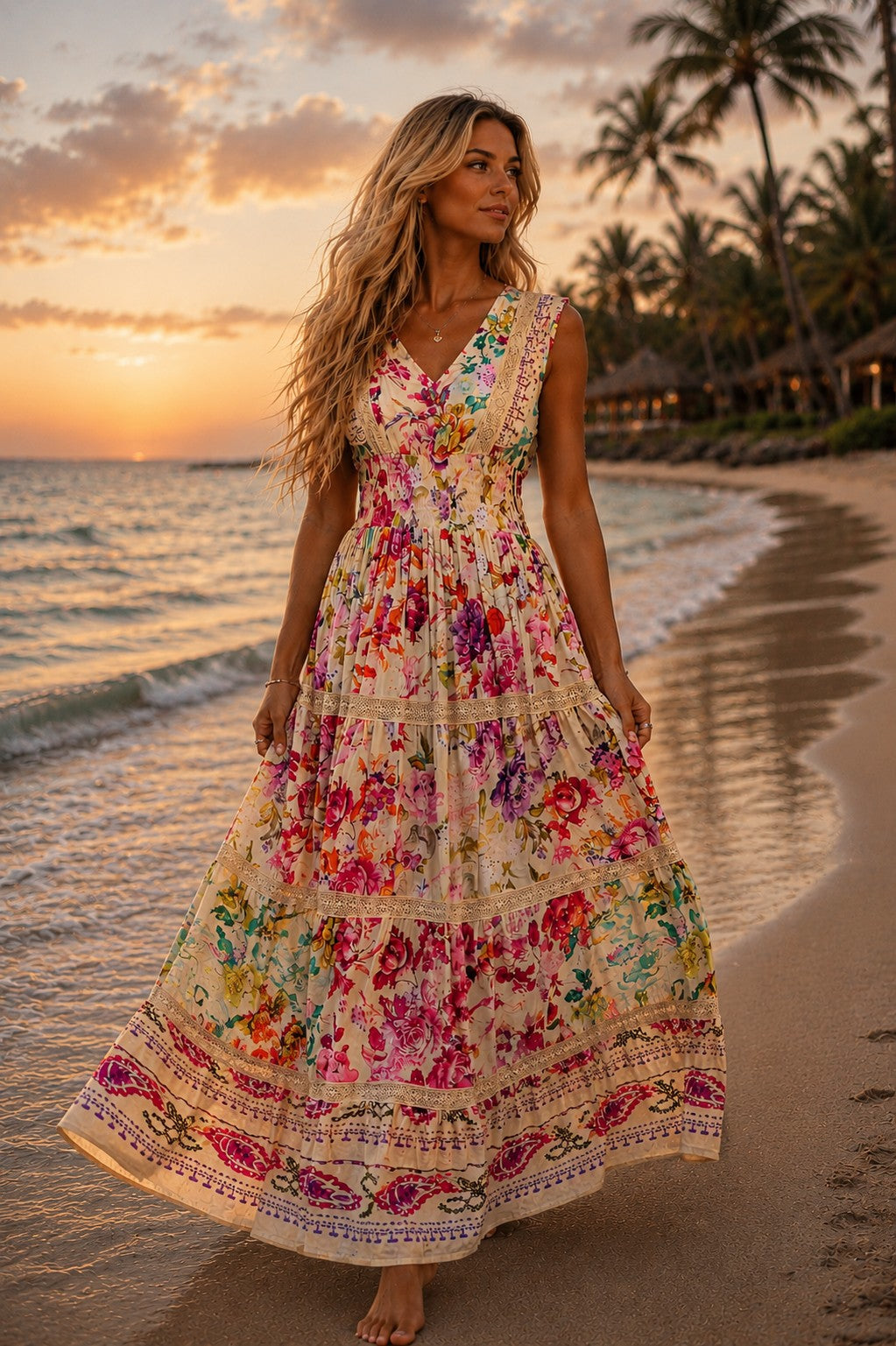 POL Cream Multi Floral Smocked Maxi Dress-Maxi Dresses-POL-Deja Nu Boutique, Women's Fashion Boutique in Lampasas, Texas