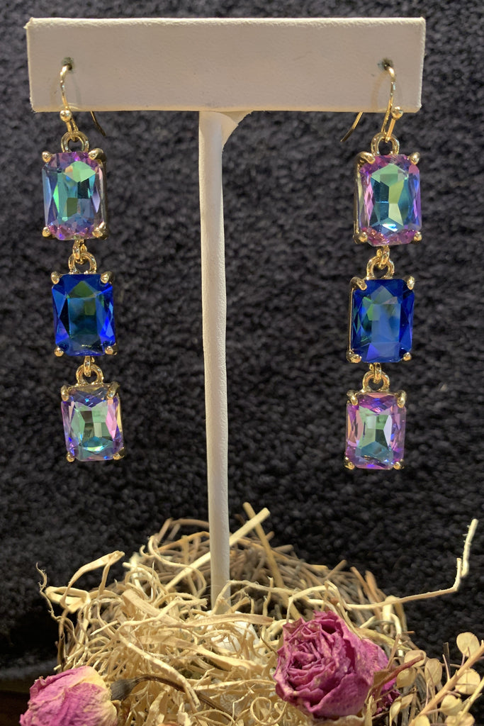 POSH Jewelry Square Blue And Purple Rhinestone Earrings In Gold-Earrings-Posh Jewelry Co.-Deja Nu Boutique, Women's Fashion Boutique in Lampasas, Texas