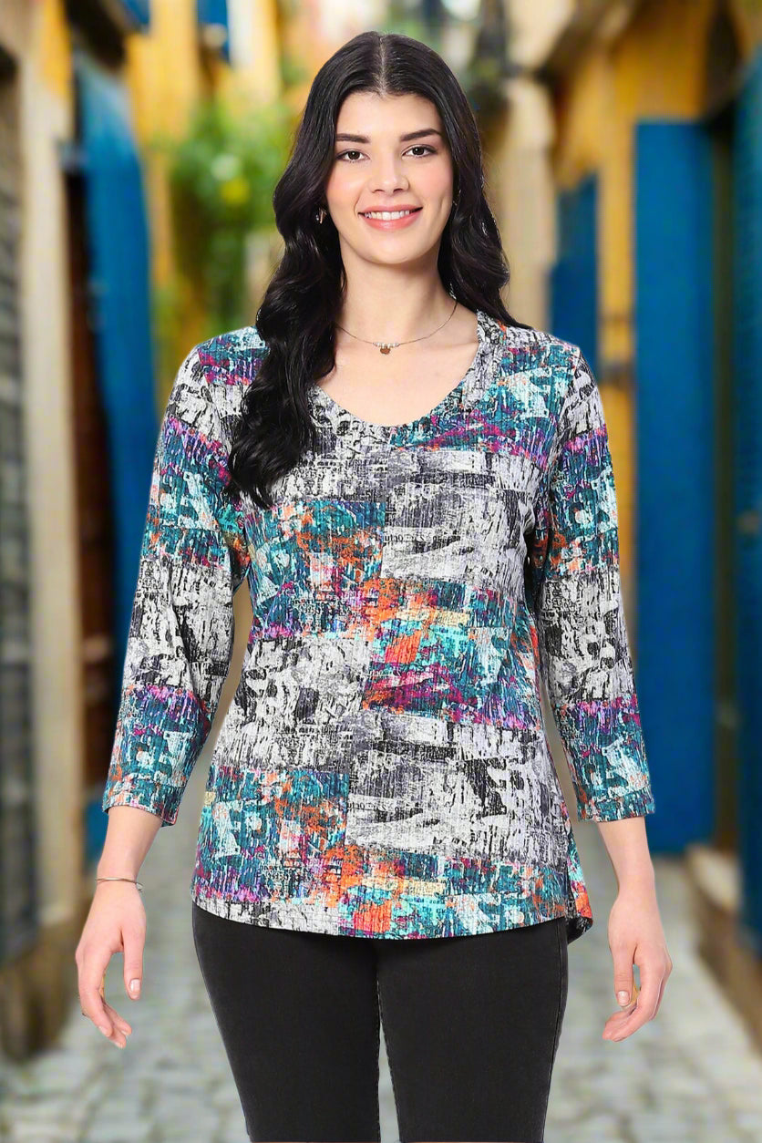 Parsley &amp; Sage Peggy Print Three-Quarter Sleeve Top-Tops-Parsley &amp; Sage-Deja Nu Boutique, Women&#39;s Fashion Boutique in Lampasas, Texas