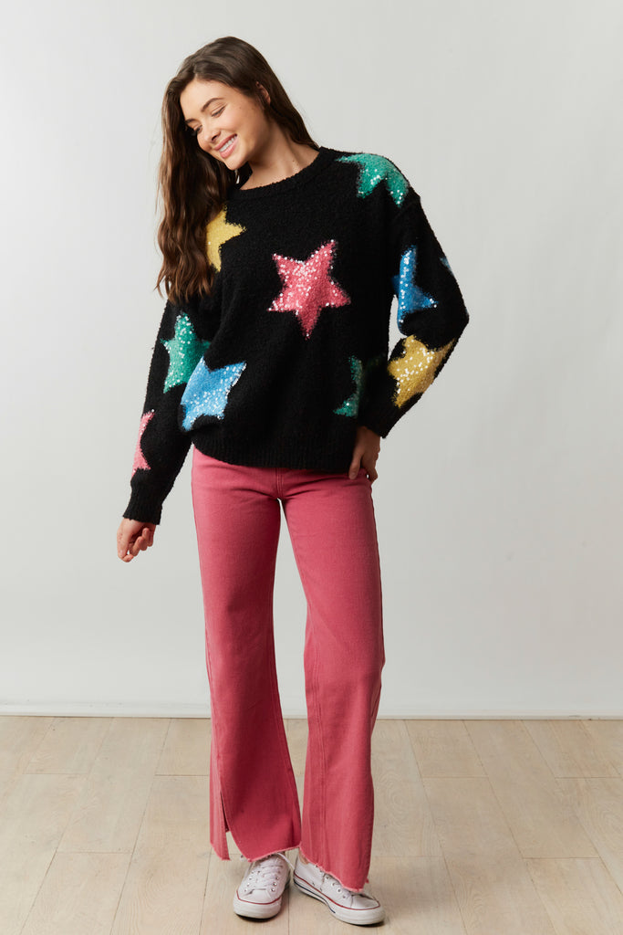 Peach Love Bright Multi Sequin Starry Sweater In Black-Graphic Sweaters-Peach Love-Deja Nu Boutique, Women's Fashion Boutique in Lampasas, Texas