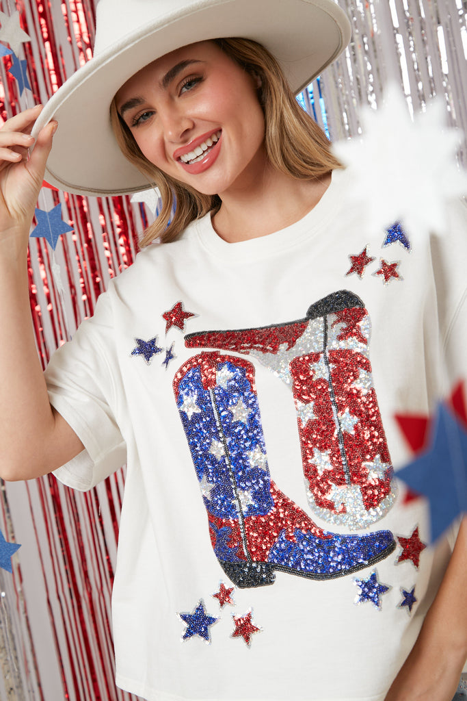 Peach Love Country Patriotic Sparkle Red, White And Blue Sequin Boots With Stars Embroidery Tee-Tops-Peach Love-Deja Nu Boutique, Women's Fashion Boutique in Lampasas, Texas