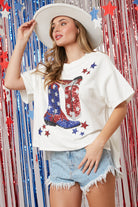 Peach Love Country Patriotic Sparkle Red, White And Blue Sequin Boots With Stars Embroidery Tee-Tops-Peach Love-Deja Nu Boutique, Women's Fashion Boutique in Lampasas, Texas