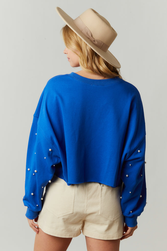 Peach Love Cozy Pearl Studded Crop Sweatshirt In Royal Blue-Sweaters-Peach Love-Deja Nu Boutique, Women's Fashion Boutique in Lampasas, Texas