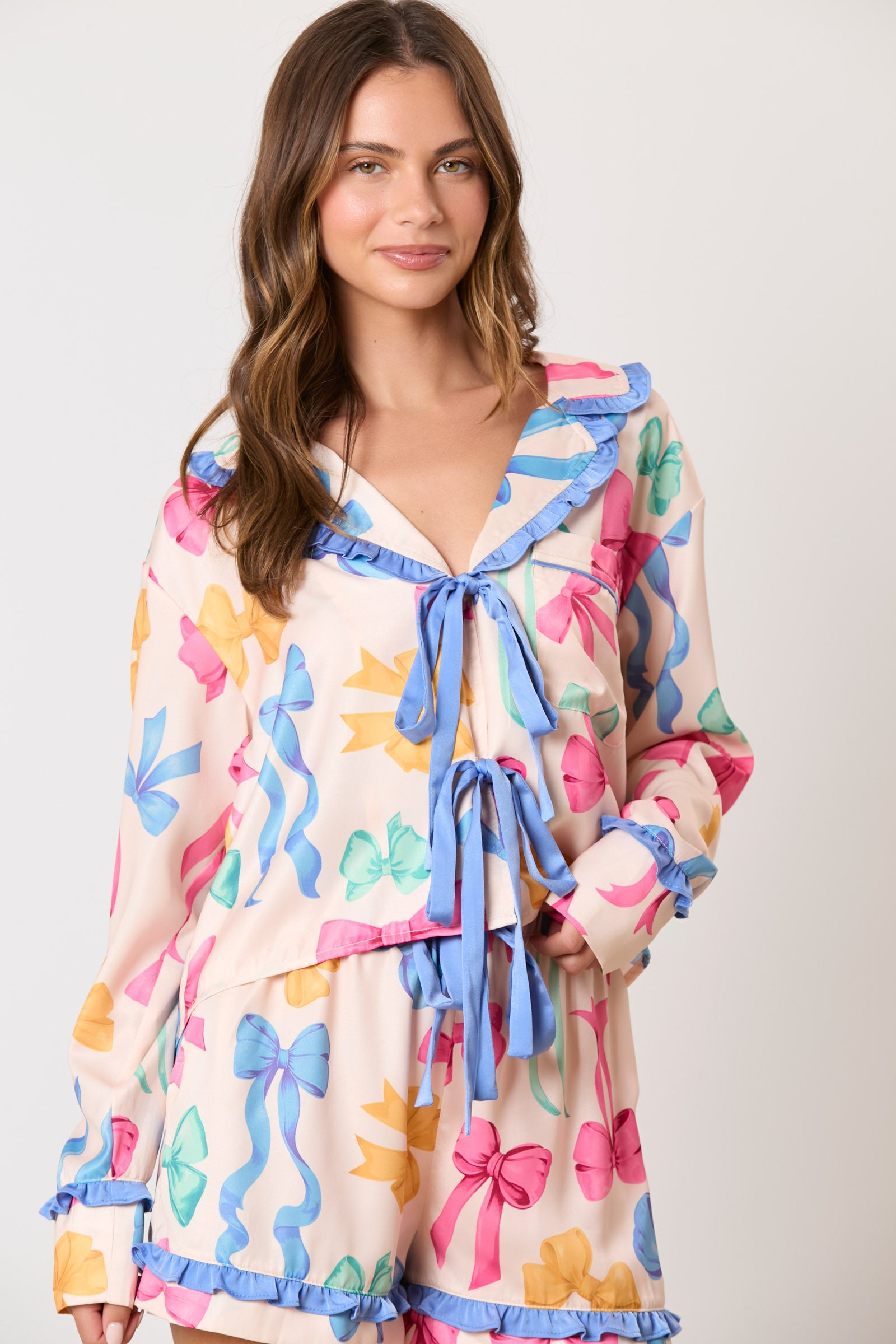 Peach Love Cream Multi Color Ribbon Bow Printed Pajama Set – Deja