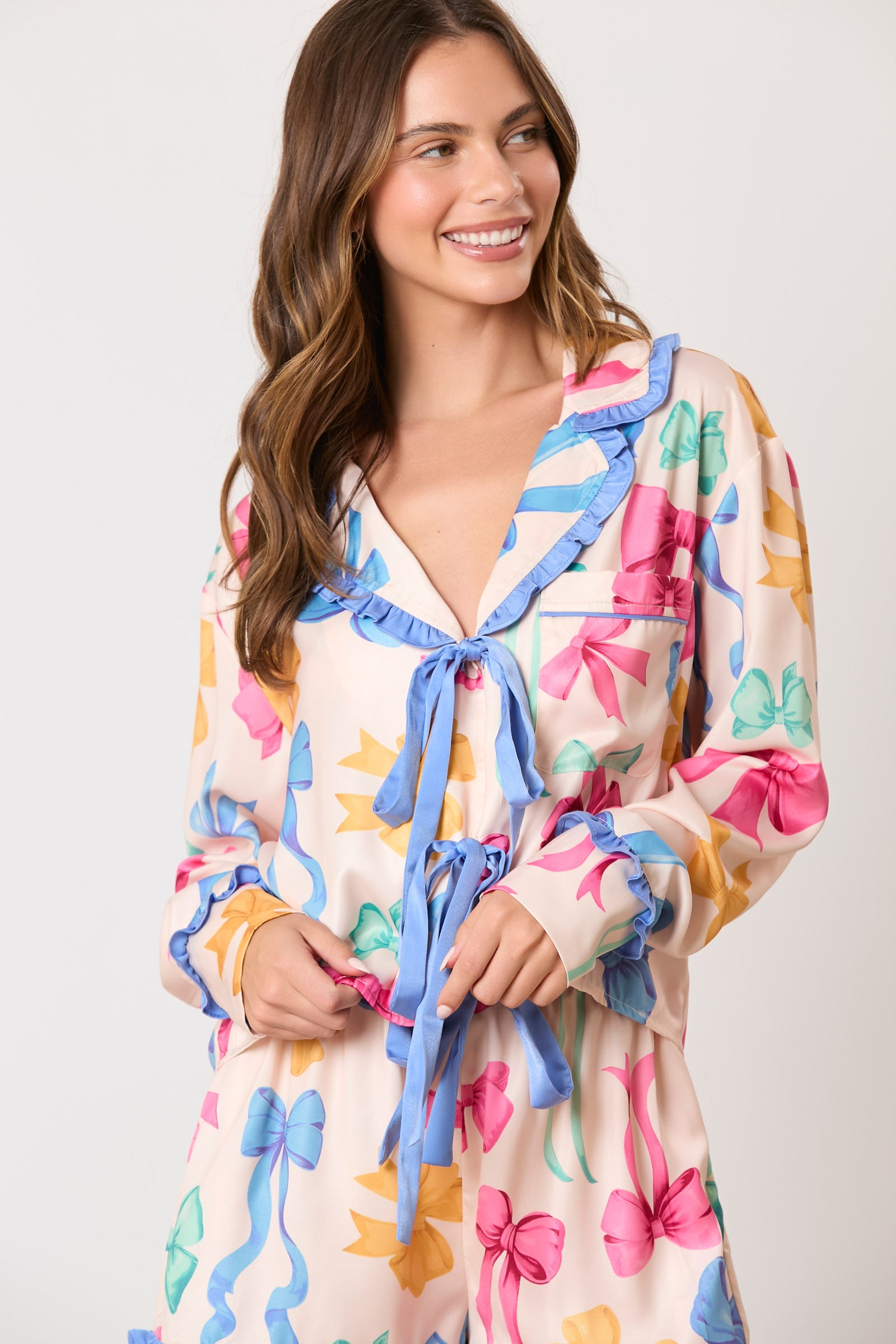 Peach Love Cream Multi Color Ribbon Bow Printed Pajama Set-Sleepwear-Peach Love-Deja Nu Boutique, Women's Fashion Boutique in Lampasas, Texas