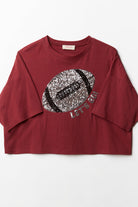 Peach Love Football Sequin Patch Crop Tee In Maroon-Graphic Tees-Peach Love-Deja Nu Boutique, Women's Fashion Boutique in Lampasas, Texas