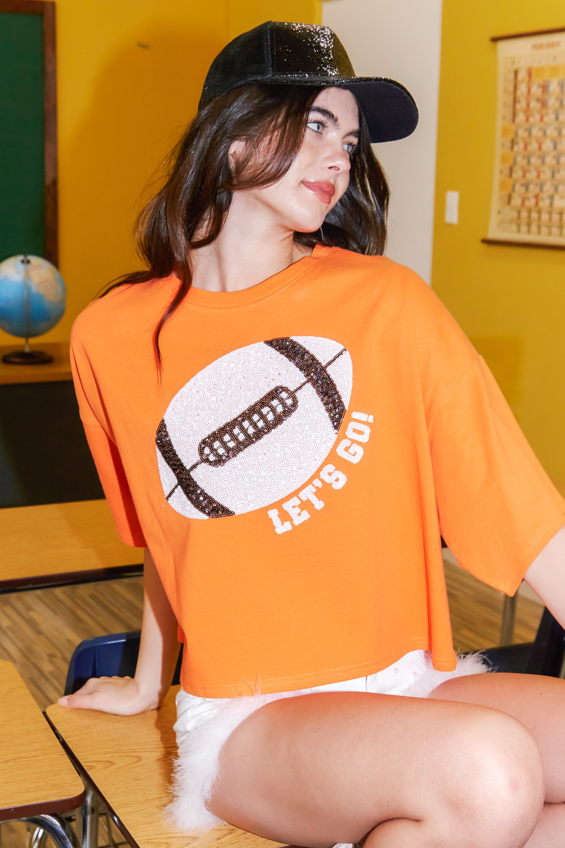 Peach Love Football Sequin Patch Crop Tee In Orange-Graphic Tees-Peach Love-Deja Nu Boutique, Women's Fashion Boutique in Lampasas, Texas