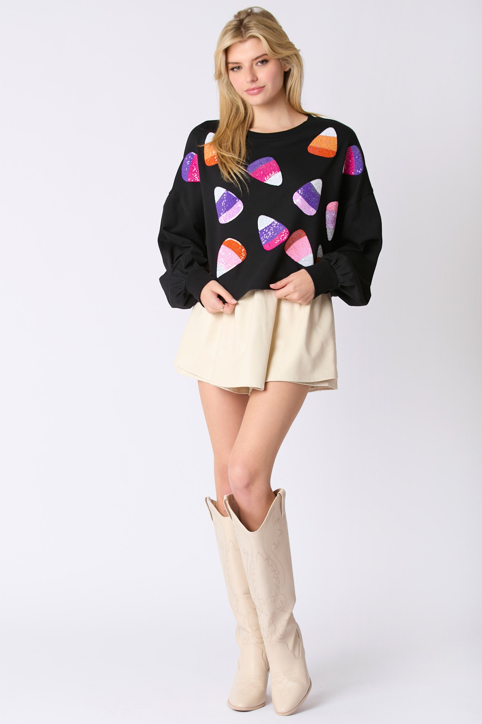 Peach Love Halloween Sequin Candy Corn Embroidery Cropped Sweatshirt In Black-Sweaters-Peach Love-Deja Nu Boutique, Women's Fashion Boutique in Lampasas, Texas