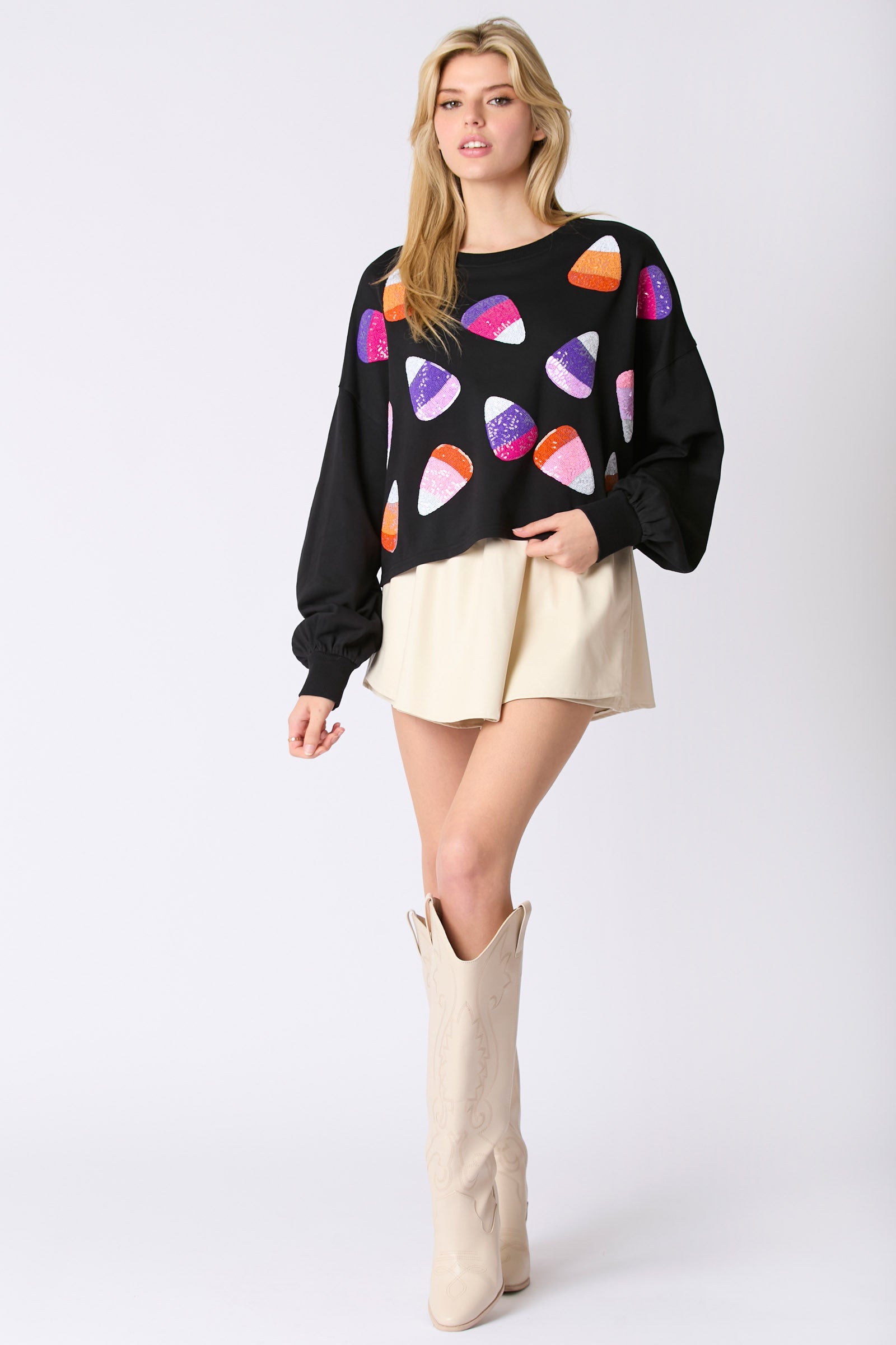 Peach Love Halloween Sequin Candy Corn Embroidery Cropped Sweatshirt In Black-Sweaters-Peach Love-Deja Nu Boutique, Women's Fashion Boutique in Lampasas, Texas