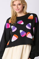 Peach Love Halloween Sequin Candy Corn Embroidery Cropped Sweatshirt In Black-Sweaters-Peach Love-Deja Nu Boutique, Women's Fashion Boutique in Lampasas, Texas