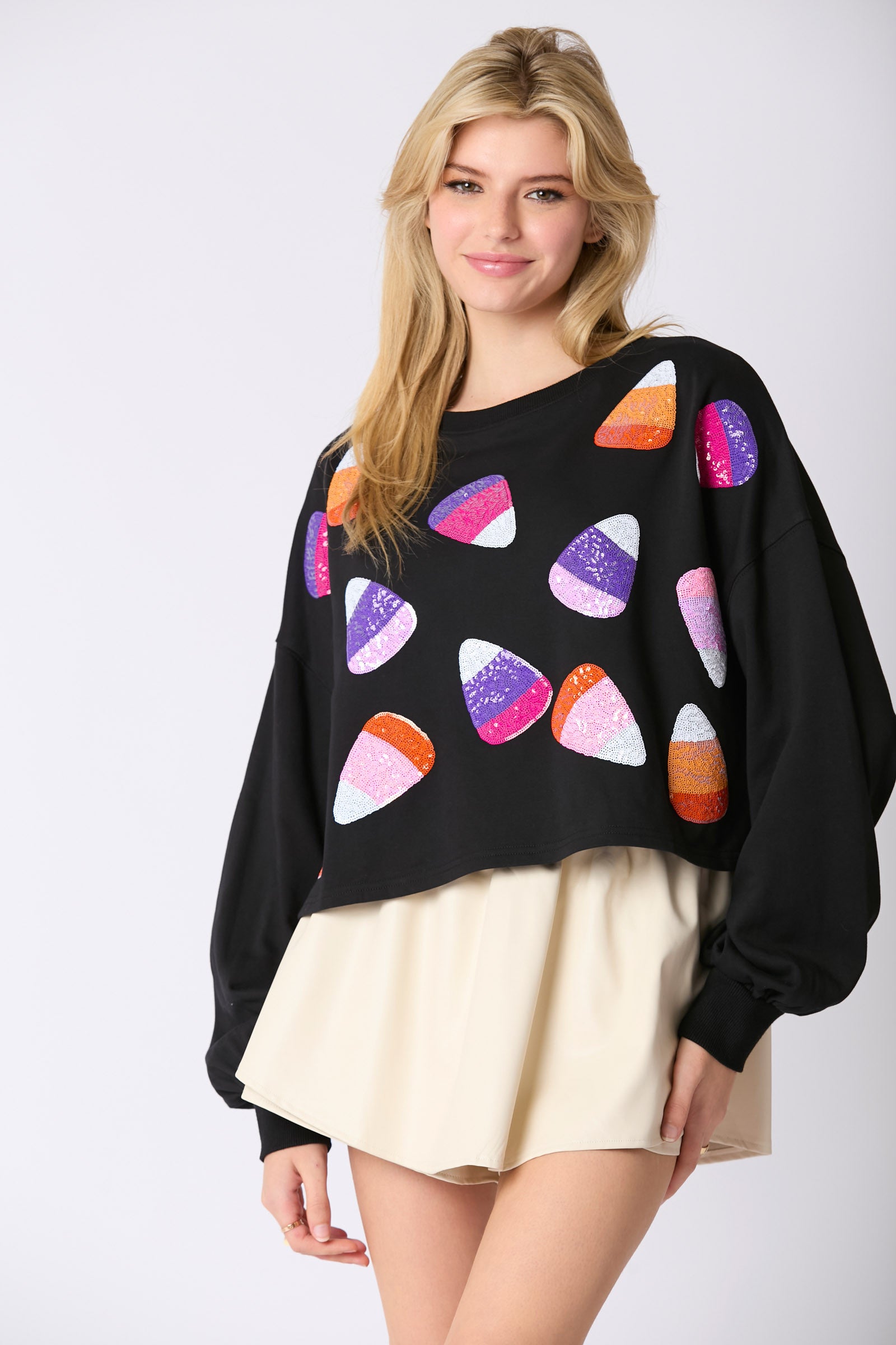 Peach Love Halloween Sequin Candy Corn Embroidery Cropped Sweatshirt In Black-Sweaters-Peach Love-Deja Nu Boutique, Women's Fashion Boutique in Lampasas, Texas