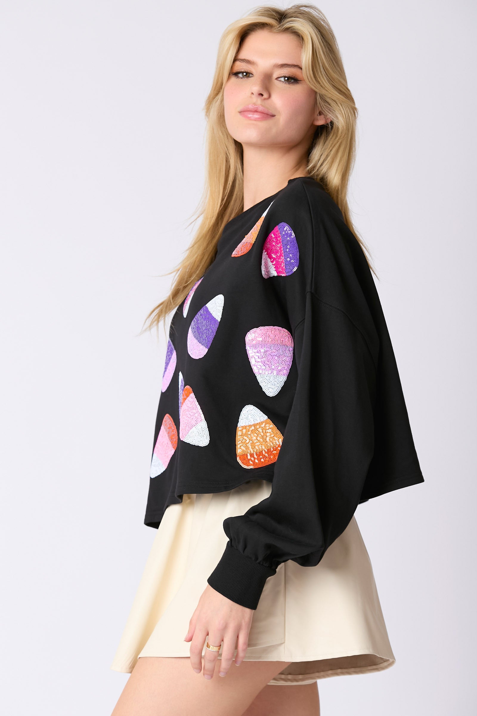 Peach Love Halloween Sequin Candy Corn Embroidery Cropped Sweatshirt In Black-Sweaters-Peach Love-Deja Nu Boutique, Women's Fashion Boutique in Lampasas, Texas