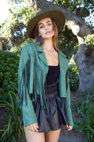 Peach Love Olive Fringe Suede Jacket-Jackets-Peach Love-Deja Nu Boutique, Women's Fashion Boutique in Lampasas, Texas