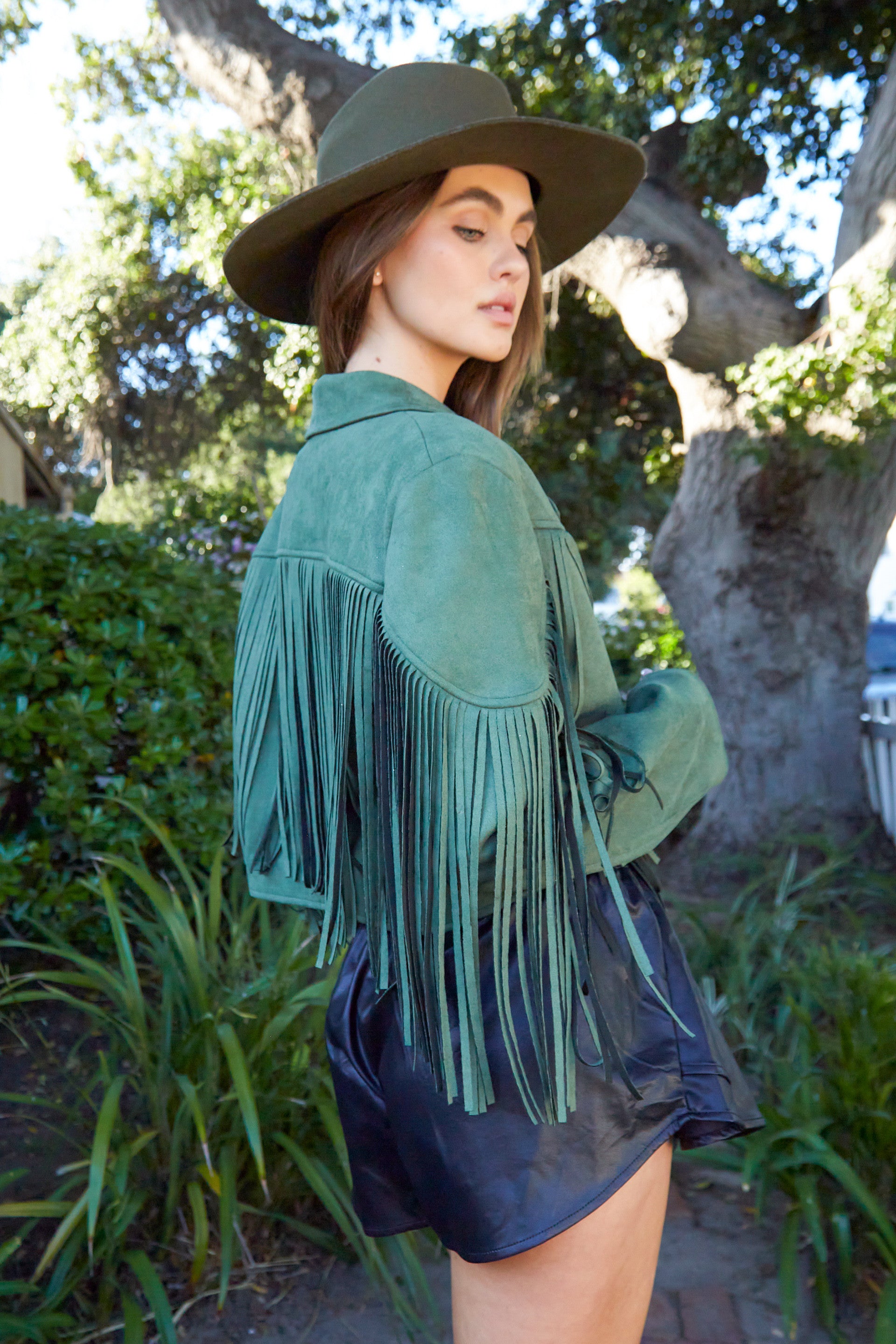 Peach Love Olive Fringe Suede Jacket-Jackets-Peach Love-Deja Nu Boutique, Women's Fashion Boutique in Lampasas, Texas