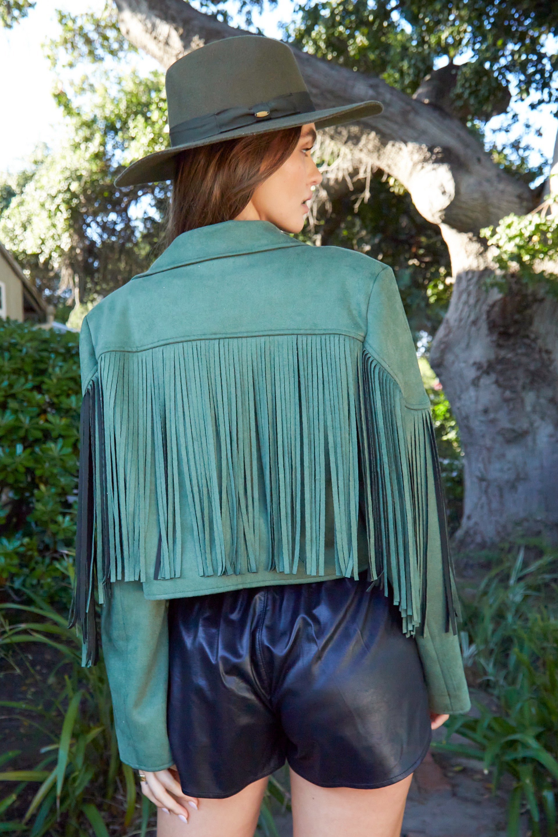 Peach Love Olive Fringe Suede Jacket-Jackets-Peach Love-Deja Nu Boutique, Women's Fashion Boutique in Lampasas, Texas