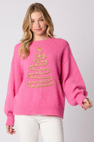 Peach Love Pink Christmas Tree Lurex Thread Embroidery Sweater-Sweaters-Peach Love-Deja Nu Boutique, Women's Fashion Boutique in Lampasas, Texas