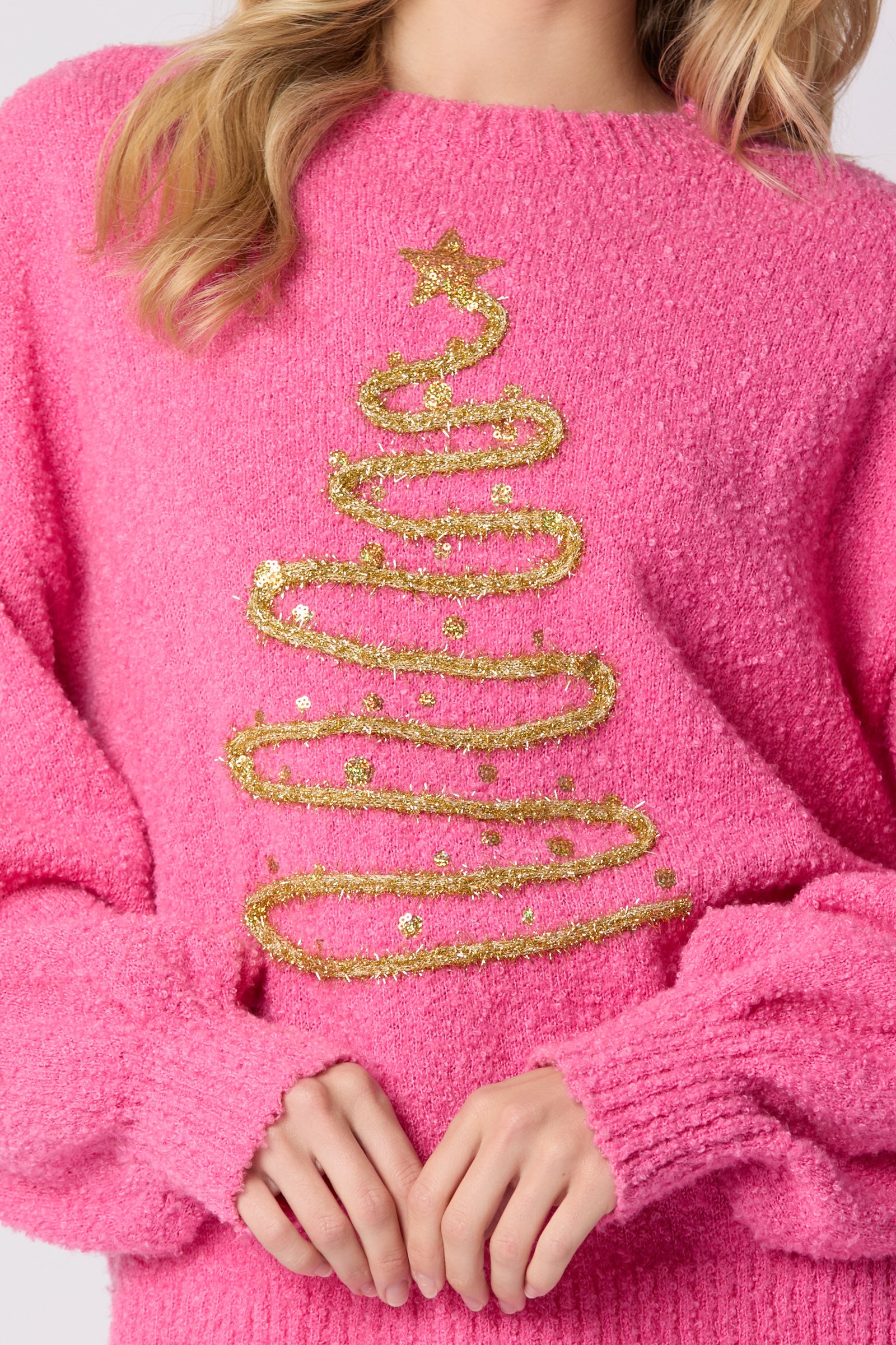 Peach Love Pink Christmas Tree Lurex Thread Embroidery Sweater